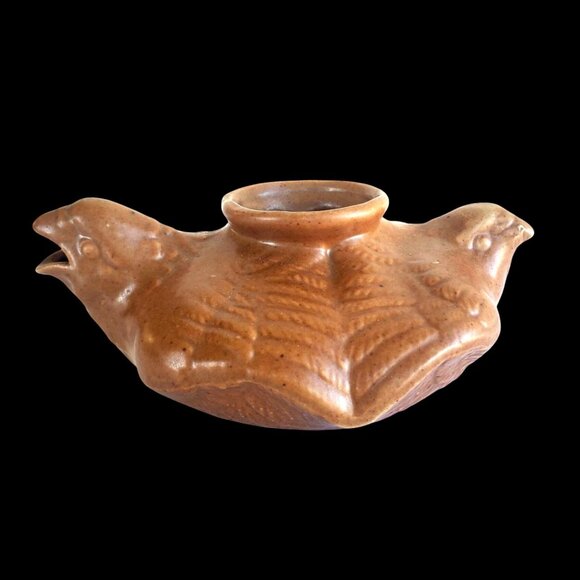Vintage Ceramic Sake Bottle Double Eagle Head Planter Desk Organizer Art Pottery - Picture 1 of 11